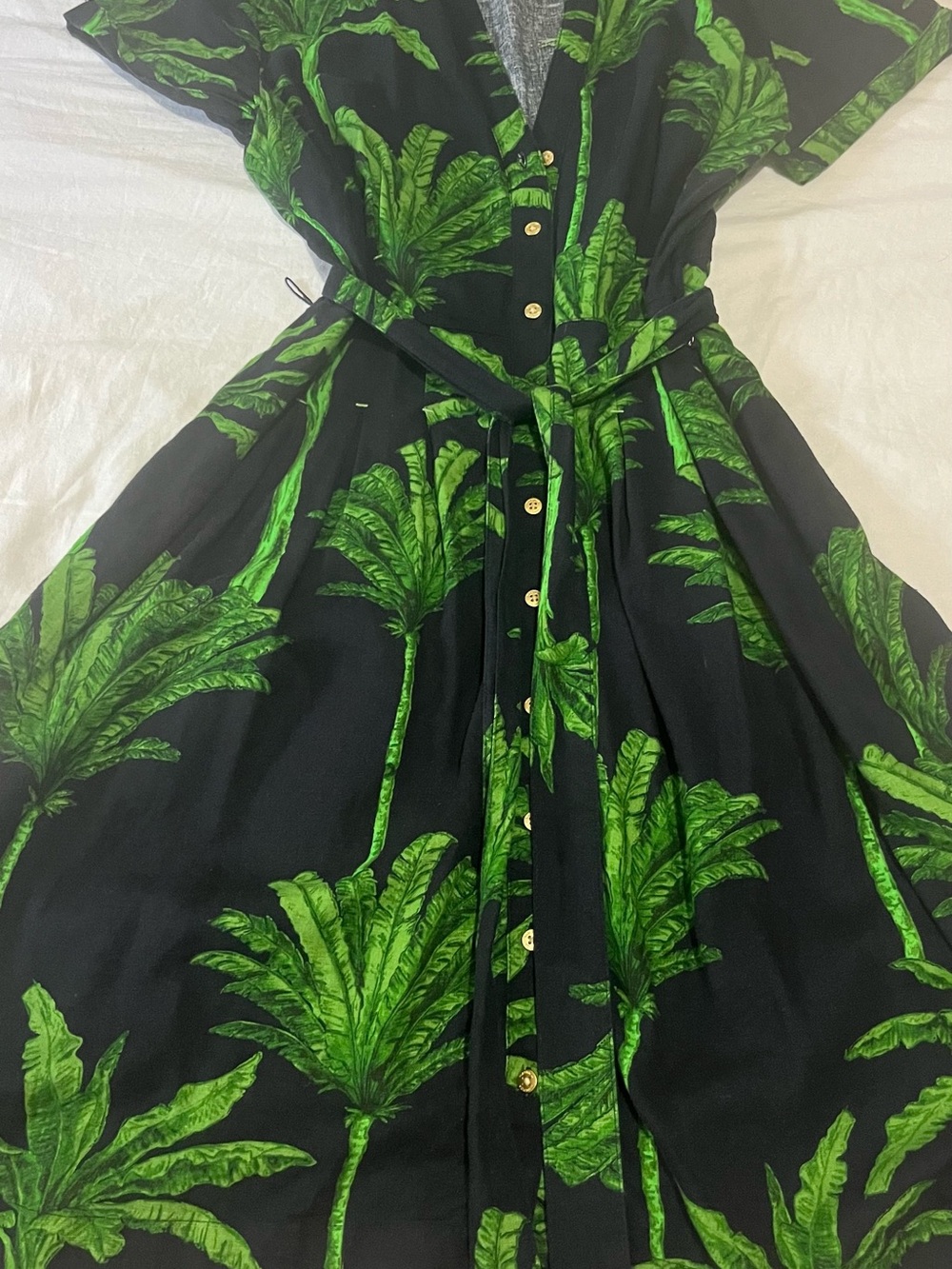 Nautica Black Midi Dress with Green Palm Print and Tie Waist